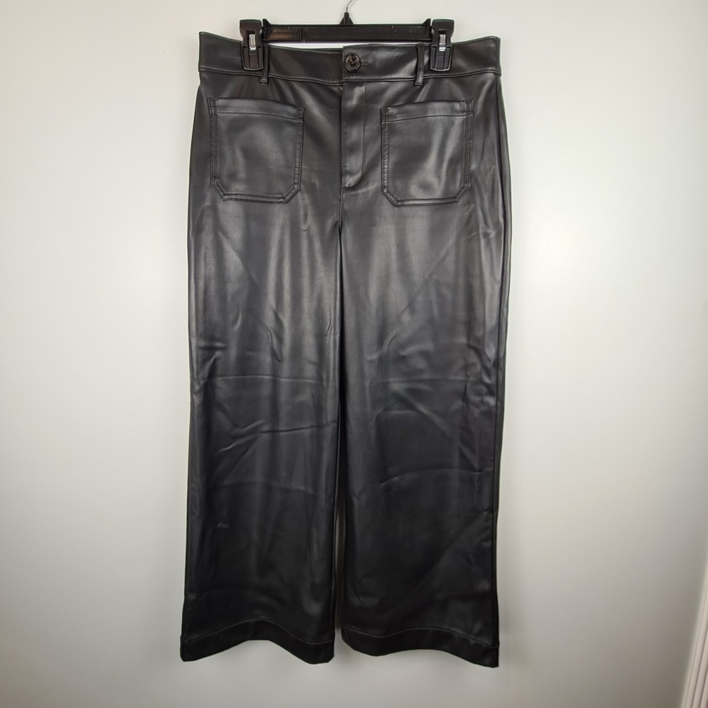 LOFT The Palmer Wide Leg‎ Faux Leather Pants Size 10 Black Ankle Front Pocket